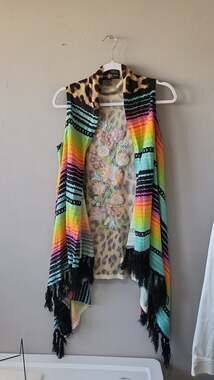 Crazy Train Leopard Serape Striped Embroidered Fringe Vest Duster